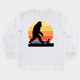 Bigfoot Walking with a Duck Gradient Sunset Kids Long Sleeve T-Shirt